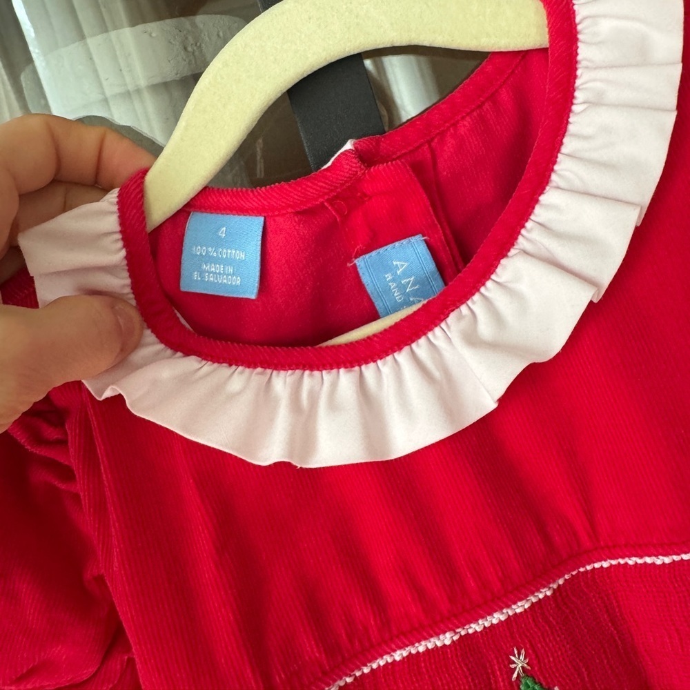 Anavini Christmas trees smocked dress bow corduroy puff sleeve toddler collar - Picture 5 of 5